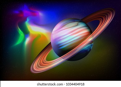 Outer space abstract background with amazing nebula galaxy and big Saturn planet on a million stars. Template vector illustration night sky rings deep glow light sun solar high quality orbit art blue