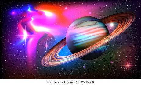 Outer space abstract background with amazing nebula galaxy and big Saturn planet on a million stars. Template vector illustration night sky rings deep glow light sun solar high quality orbit art blue