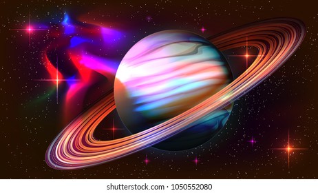 Outer space abstract background with amazing nebula galaxy and big Saturn planet on a million stars. Template vector illustration night sky rings deep glow light sun solar high quality orbit art 16 9