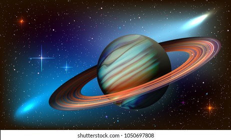 Outer space abstract background with amazing nebula galaxy and big Saturn planet on a million stars. Template vector illustration night sky rings deep glow light sun solar high quality orbit art blue