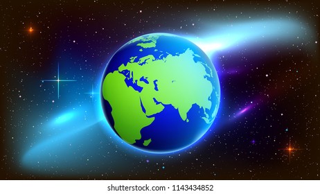 Outer space abstract background with amazing nebula galaxy and big Earth planet on a million stars. Template vector illustration night sky deep glow light sun solar high quality orbit art blue shine.