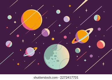 Outer Space abstract Background with planets and stars. Trendy modern vector illustration, hand drawn, flat design.   