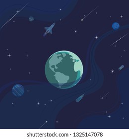 Outer space abstract cartoon background. Shuttle rocket, satellite in cosmos. Moon, Earth planet. Stars, comet, metheorite, space station. Universe design element banner template. Vector illustration