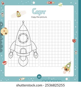 Outer Space activities for kids. Copy the picture in grid – rocket ship. Logic games for children. Coloring page for activity book. Vector illustration. Square format.