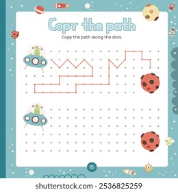 Outer Space activities for kids. Copy the path for alien. Logic games for children. Vector illustration. Page square format for activity book.