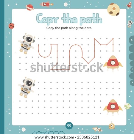 Outer Space activities for kids. Copy the path for astronaut. Logic games for children. Vector illustration. Page square format for activity book.