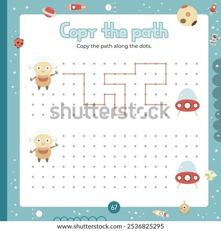 Outer Space activities for kids. Copy the path for cute alien. Logic games for children. Vector illustration. Page square format for activity book.