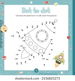 Outer Space activities for kids. Dot to dot game – Rocket ship. Connect the dots. Numbers games for kids. Coloring page. Vector illustration. Learning numbers. Fine motor skills. Page for activity 