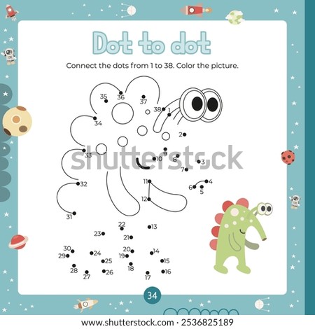 Outer Space activities for kids. Dot to dot game – Alien space monster. Connect the dots. Numbers games for kids. Coloring page. Vector illustration. Learning numbers. Fine motor skills. Page for acti