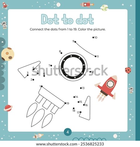 Outer Space activities for kids. Dot to dot game – Rocket spaceship. Connect the dots. Numbers games for kids. Coloring page. Vector illustration. Learning numbers. Fine motor skills. Page for activit