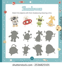 Outer Space activities for kids. Find the correct shadow for astronaut and aliens. Vector illustration. Page for Activity Book square format. Matching Game to boost attention and focus.