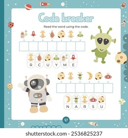 Outer Space activities for kids. Find the hidden words in Code Breaker. Logic games for children. Vector illustration. Square page for Universe Activity Book.