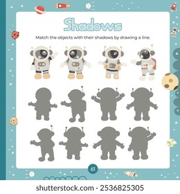 Outer Space activities for kids. Find the correct shadow for Astronauts. Vector illustration. Page for Activity Book square format. Matching Game to boost attention and focus.