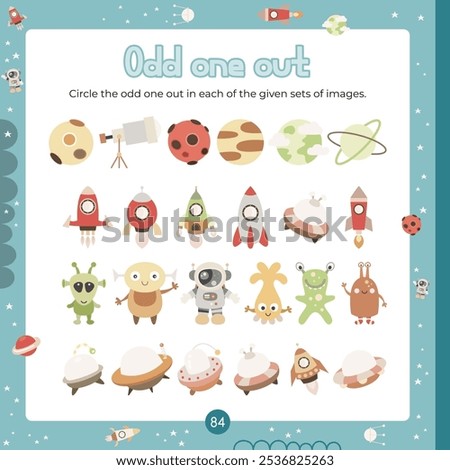 Outer Space activities for kids. Find the odd one out for images. Vector illustration. Matching game. Square page for Activity Book.