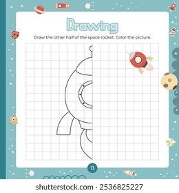 Outer Space activities for kids. Finish the picture – spaceship. Logic games for children. Square Coloring page. Vector illustration. Game learn the principles of symmetry.