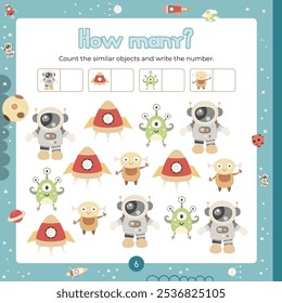 Outer Space activities for kids. How many astronauts, rockets, aliens. Count the number of objects. Vector illustration. Page for activity Book square format. Math game for learning counting.