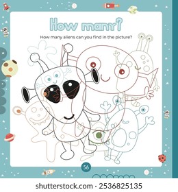 Outer Space activities for kids. How many. Count the number of aliens. Vector illustration. Book square format.