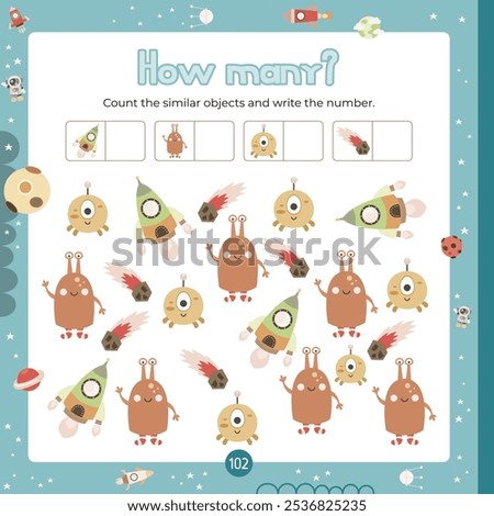 Outer Space activities for kids. How many aliens, rockets, asteroids puzzle. Count the number of objects. Vector illustration. Page for activity Book square format. Math game for learning counting.