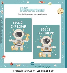 Outer Space Aktivitäten für Kinder. Spot 5 Unterschiede in zwei Bildern. Astronaut und Außerirdischer. Vektorgrafik. Seite für Activity Book quadratisches Format. Spiel, um Aufmerksamkeit und Fokus zu erhöhen.