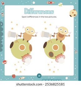 Outer Space activities for kids. Spot 5 differences in two pictures. Alien with telescope. Vector illustration. Page for Activity Book square format. Game to boost attention and focus.