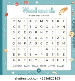 Outer Space activities for kids. Word search game . Find the hidden words. Fillword for children. Vector illustration. Book square format. Game to boost reading skills.