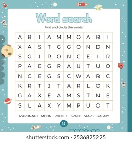 Outer Space activities for kids. Word search game . Find the hidden words. Fillword for children. Vector illustration. Book square format. Game to boost reading skills.