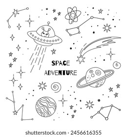 Outer space adventure background with hand drawn planets, stars, UFO. Doodle outer space print. Vector illustration for card, sticker, print, coloring page, tattoo. Outline kid doodles, anti stress.