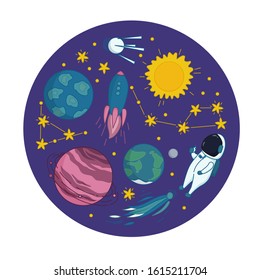 Outer space adventures: astronaut, flying rocket, satellite, comet, Sun, stars, constellations, Saturn, Earth and other planets. Vector illustration in cute cartoon style