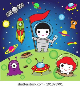 Outer space adventures with rockets, planets and stars and elements illustration set