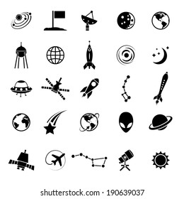 Outer Space And Air Transport Icons Silhouettes.