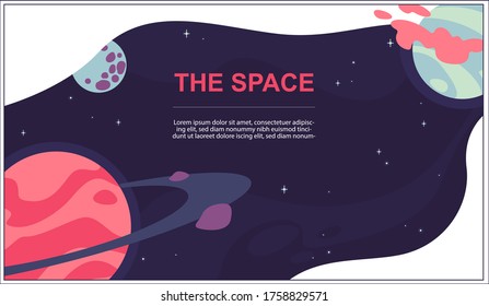 Outer space of an alien galaxy. A planet with different satellites. Nebula. Comets fly. Meteor Rain. Asteroids.
