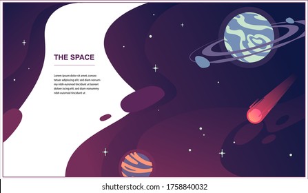 Outer space of an alien galaxy. A planet with different satellites. Nebula. Comets fly. Meteor Rain. Asteroids.