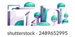 Outer space alien planet station or colony buildings. Cartoon vector illustration set of futuristic technology cosmos base for science exploration and colonization. Fantasy fiction astronaut house.