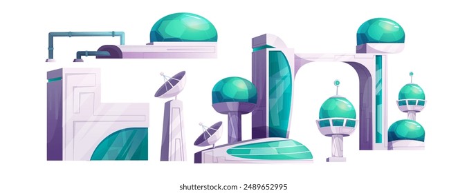 Outer space alien planet station or colony buildings. Cartoon vector illustration set of futuristic technology cosmos base for science exploration and colonization. Fantasy fiction astronaut house.