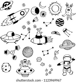 Outer space, Astronaut, Alien, Black Outline, freehand, UFO, Stars, Planets, Constellations, Comet, doodles, Asteroid, Spacecraft, Rocket,  illustration, Moon, Sun, Cosmos, Galaxy, Satellite, Saturn