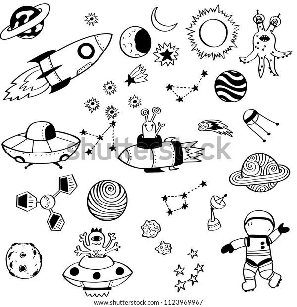 Outer Space Astronaut Alien Black Outline Stock Vector Royalty