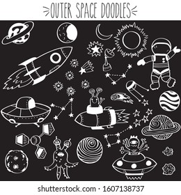 Outer space, Astronaut, Alien, White Outline, freehand, UFO, Stars, Planets, Constellations, Comet, doodles, Asteroid, Spacecraft, Rocket,  illustration, Moon, Sun, Cosmos, Galaxy, Satellite, Saturn