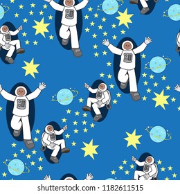 outer space astronauts stars planets blue yellow seamless vector pattern