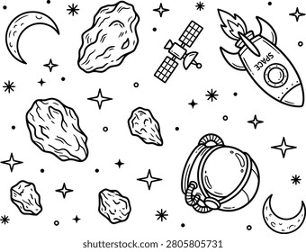 Outer space and astronomy doodle icon set with sci fi astronomy astronaut satellite asteroid universe handdrawn illustration exploration cosmonaut crescent celestial sciencefiction