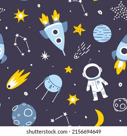 Outer space baby pattern. Cosmic vector seamless print for nursery wallpaper and kids textile.