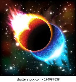 An outer space background with burning planets, sky and stars. Layered.