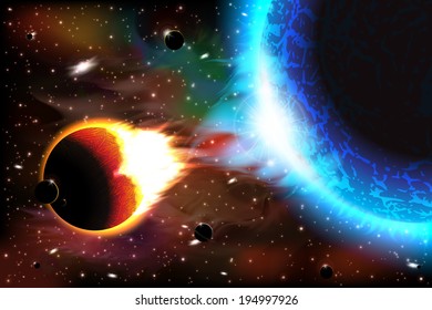 An outer space background with burning planets, sky and stars. Layered.