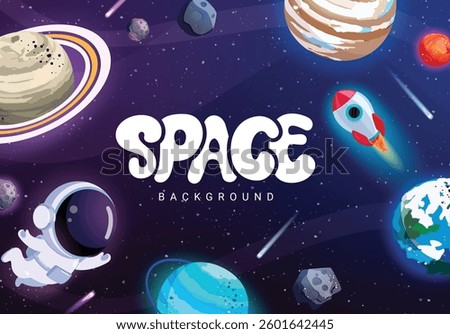 Outer space background clipart design. Outer space with planets, astronaut, rocket, asteroid and comet in galaxy for science educational template vector illustration.
