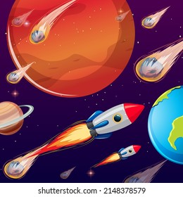 Outer space background with comets ad rockets illustration