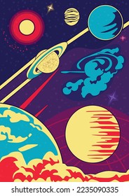 Outer space background. Cosmos scenes with planets, stars, comets. Vector illustration of galaxy.