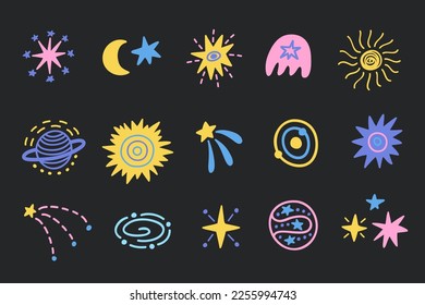 Outer Space background, cute cosmic hand drawn doodles set. Cartoon elements collection. Planets, stars, comet, constellations. Astronomy kids drawing. Galaxy Vector illustrations Sketch objects.