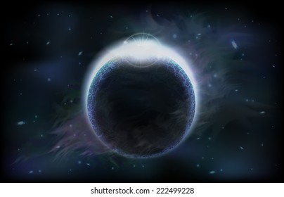 An outer space background with a dark planet, sky and stars. Layered.