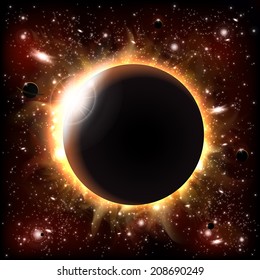 An outer space background with eclipse, planets and stars. Layered.