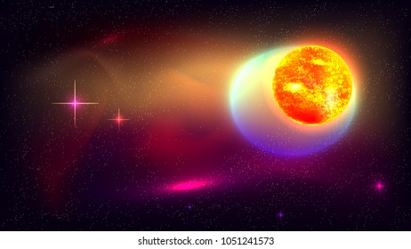 Outer space background. Fantasy wallpaper galaxy 16 9 cloud nebula fire sun burn stars realistic blinding high quality solar astronomy beautiful vector illustration interstellar sky night art light