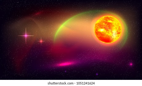 Outer space background. Fantasy wallpaper galaxy 16 9 cloud nebula fire sun burn stars realistic blinding high quality solar astronomy beautiful vector illustration interstellar sky night art light